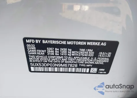 2022 BMW X3 xDrive30I z USA, uszkodzony, nr VIN 5UX53DP03N9M67828